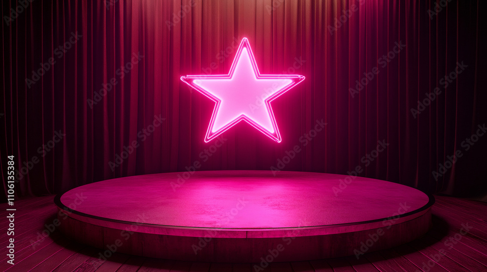 Poster pink neon star shining above empty round stage with elegant curtains, perfect for showcasing product