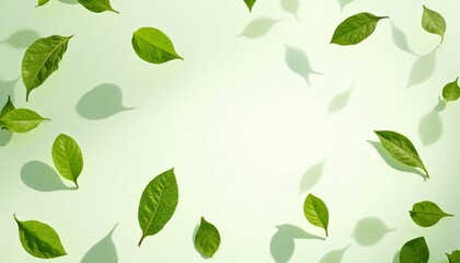 Light green background with floating fresh leaves. Flying green leaves. Vegan, eco, organic leaves.