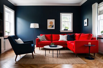 Scandinavian Style Living Room Featuring Bold Red Couch and Armchair on Navy Wall