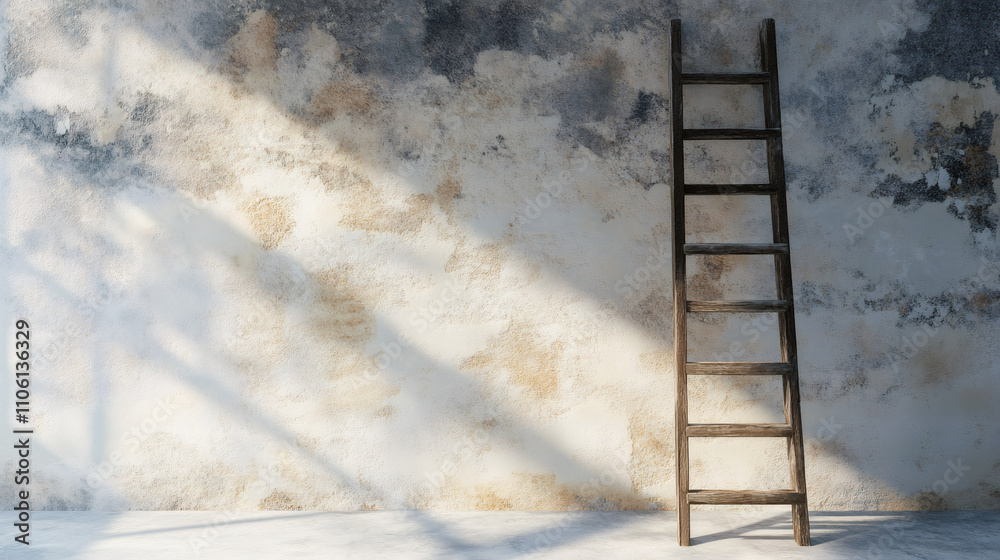 Aufkleber sunlight illuminating old wooden ladder leaning against a weathered wall in an empty room, creating 