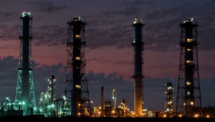 Obraz premium Glowing industrial towers at dusk.