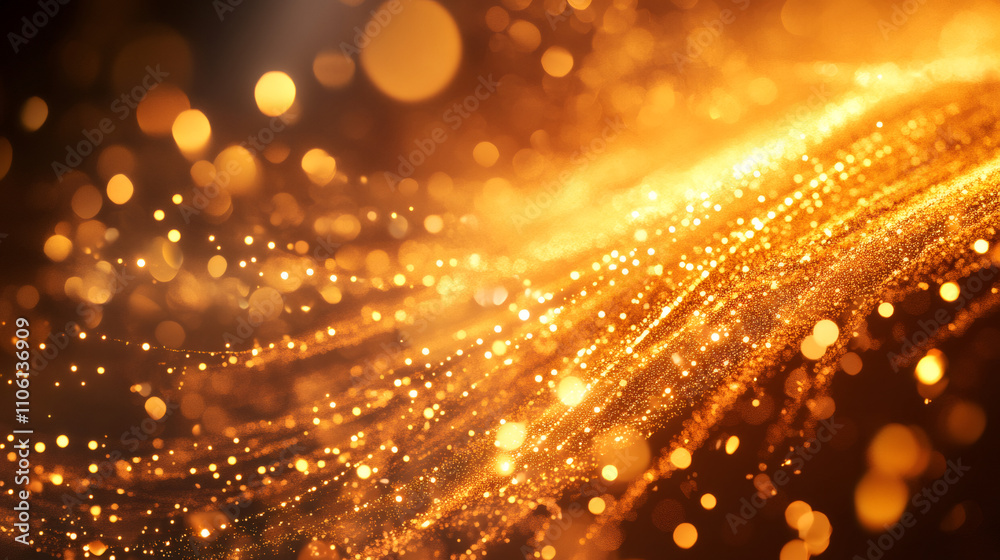 Poster Shimmering golden particles creating bokeh effect in a festive abstract background, perfect for celebrating holidays and luxury designs