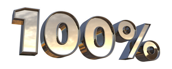 Isolated Gold Metallic Three Dimensional Alphabet 100 Percent. 3D Render Illustration.