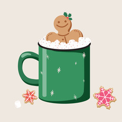 Green mug with coffee drinks, cacao with whipped cream, marshallow, biscuits and cookie man on beige background for stickers, icons, posters, cards