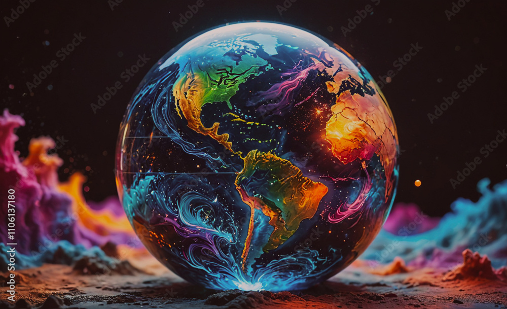 Poster Colorful globe with a blue and green swirl. The globe is surrounded by a colorful cloud. The globe is in the center of the image