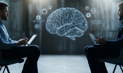 Two experts engage in a deep discussion about AI, using a digital brain interface to illustrate their ideas
