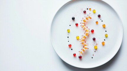MOLECULAR CUISINE, MINIMUM FOOD ON A BEAUTIFUL WHITE PLATE