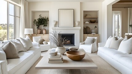  Scandinavian style home interior design of modern living room. Minimalist room with white furniture, fireplace, wooden accents and decorative branches in ceramic vase. 