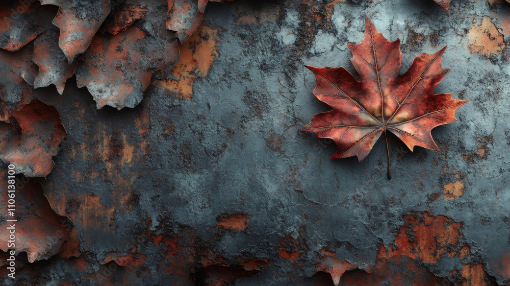 Aufkleber Close-up of a vibrant red maple leaf lying on a textured, rusty metal surface, creating a striking contrast of color and texture
