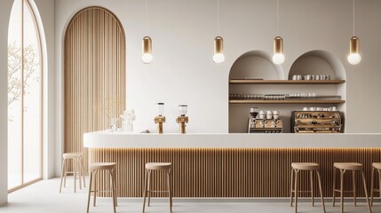 Minimalist coffee shop interior with wooden bar, arched windows, and pendant lights.