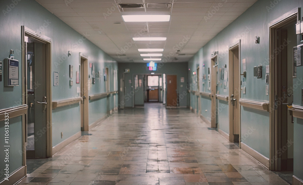 Poster long hallway with a door on the right. the door is open. there is a light on the ceiling