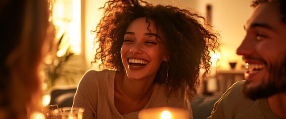 Happy friends laughing at a cozy dinner party.