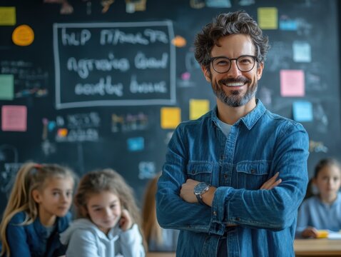 Smiling man in glasses standing in front of a classroom full of children