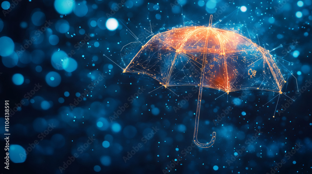 Poster low poly orange umbrella glowing while protecting against cyber threats and data breaches in a blurr