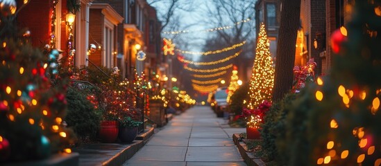 Fototapeta premium A Christmas street scene with lights and trees along a quiet street with a blurred, out-of-focus background.