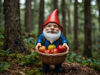 Obraz premium Gnome carrying a basket of apples in the forest.
