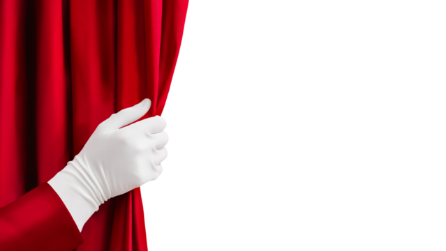white gloved hand holding red curtain for a reveal