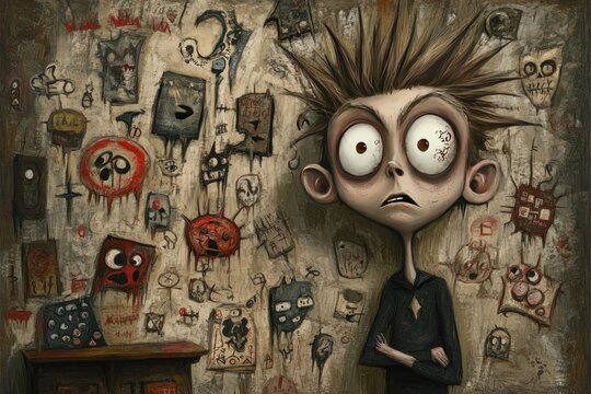 A boy with wide eyes stands against a wall covered in eerie, abstract art and faces.