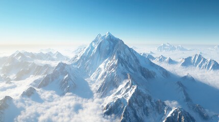 Majestic Snow-Covered Mountain Range with Clear Blue Sky and Rolling Clouds