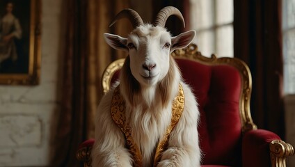 Obraz premium Goat in a red velvet suit sitting on a golden chair.