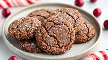 Festive gingersnaps served on a ceramic plate, surrounded by candy canes and frosted cranberries