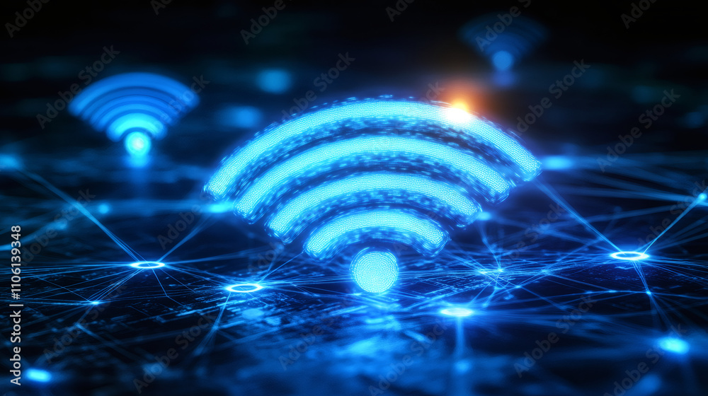 Aufkleber wireless network symbol glowing blue over a futuristic circuit board, representing global connectivi