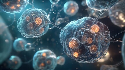 A dynamic 3D scene showcasing multiple human cells interconnected by a glowing extracellular matrix. The cells appear semi-transparent, with visible internal structures such as vacuoles 