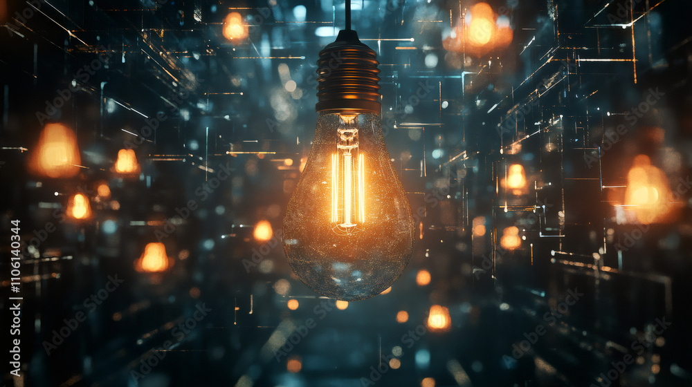 Aufkleber Complex network connections illuminated by glowing light bulb, representing innovation and technological progress in cyberspace