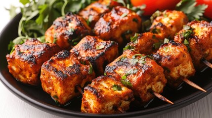 Mouthwatering Paneer tikka on black plate 