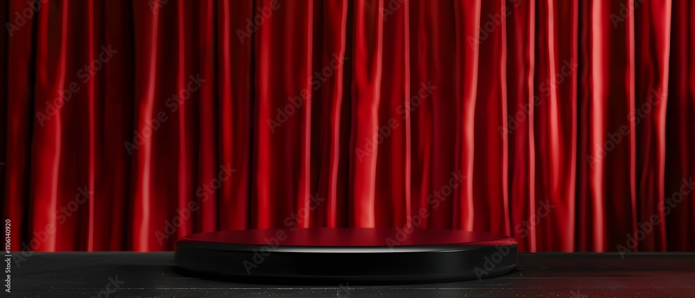 Poster A Dramatic Stage Setting with Rich Red Velvet Curtains and a Circular Display Platform Perfect for Showcases, Presentations, or Performances in a Theatre Environment