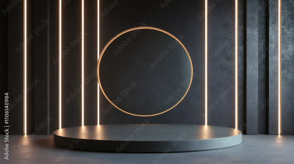 Poster modern studio with neon lights and circle frame, perfect for showcasing products on a round gray ped