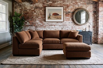 Light Brown Boucle Sectional and Footstool in Rustic Family Room with Vintage Brick Wall Decor