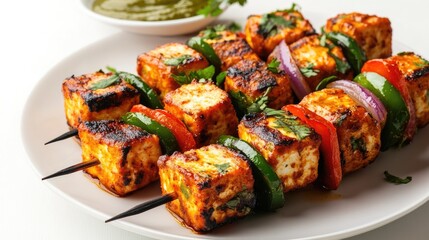 Grilled paneer tikka served on a white plate isolated on white background