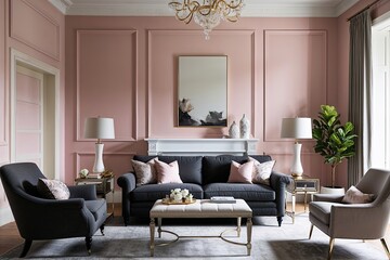 Elegant Living Room Design with Charcoal Grey Loveseat and Soft Pink Cream Walls