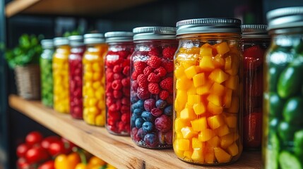 Colorful jars brimming with fruits and vegetables add cheer to the market, highlighting nature's freshness and abundance