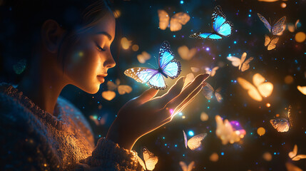  Woman Admiring Glowing Butterflies