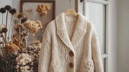 Cream knitted cardigan hanging on wooden hanger near dried flowers.