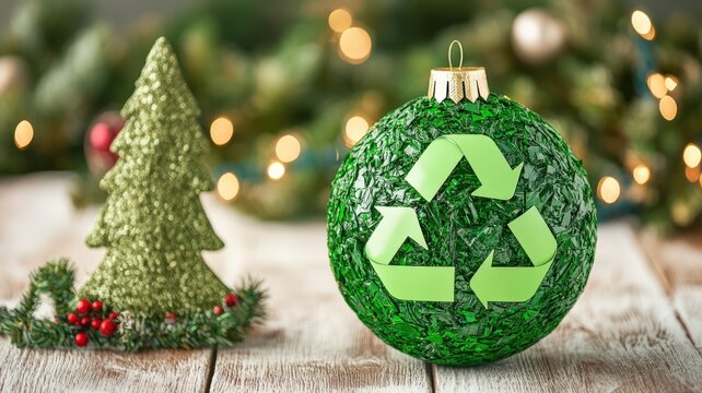 Recycling during festive seasons promotes sustainability. A vibrant, eco-friendly Christmas-themed image showcasing sustainable holiday decor and a green festive atmosphere.