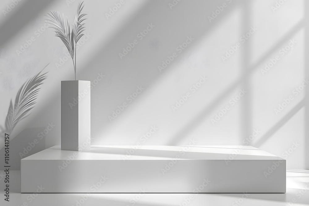 Poster minimalist display with geometric shapes showcasing a single plant in a modern interior, highlightin