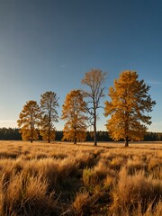 Fototapeta premium Golden autumn field with trees and clear blue sky in Sweden