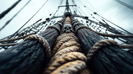 Obraz premium Close-up of a pirate ship mast with a skull decoration and ropes, focusing on nautical elements and details.