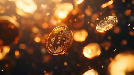 A dynamic representation of Bitcoin coins floating in a luminous background.