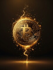 Golden Bitcoin symbol with swirling light and sparkles.