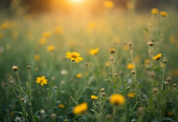 Obraz premium A vibrant field of yellow flowers dances in the gentle breeze, illuminated by the warm glow of the setting sun. Each bloom stands tall, reaching for the light, creating a picturesque scene that evokes