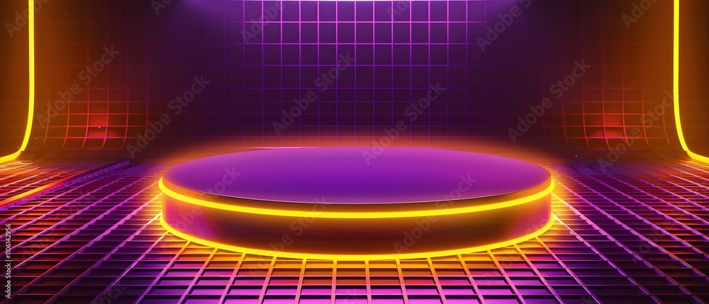 Poster vibrant neon stage with illuminated curved platform and grid background perfect for music events, pr