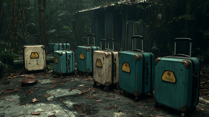Massive lines of suitcases abandoned at a border checkpoint, heavy shadows and muted earthy tones 