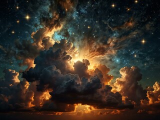 Golden clouds and stars in a cosmic night sky.