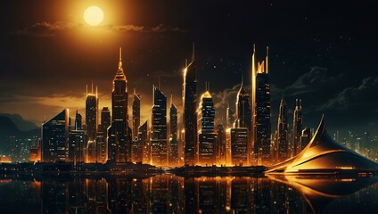 Fototapeta premium Golden city nightscape in a futuristic style.
