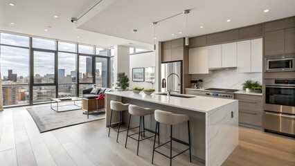Fototapeta premium Luxurious apartment interior with open kitchen, minimalist design, floor-to-ceiling windows and spectacular views of the city skyline