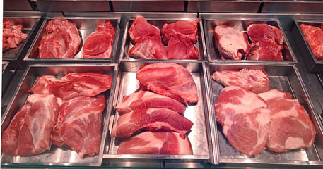 Butcher shop fridge counter with cold raw meat